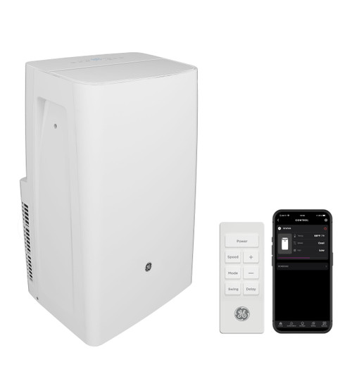 GE 8,000 BTU DOE Smart Portable Air Conditioner for Rooms up to 350 Sq Ft, Compact 3-in-1 AC with Dehumidifier & Fan, Auto Evaporation No-Drain, Remote, Window Kit Included