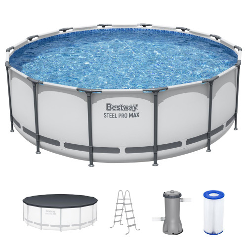 Round Metal Frame Outdoor Swimming Pool Set with Filter Pump, Ladder, and Cover, 14' x 48"