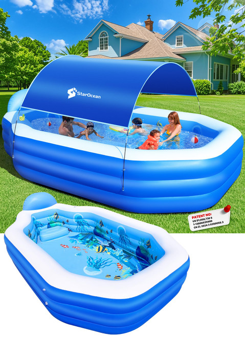Blow Up Pools with Seats,Backrest.Durable Thickened Inflatable Family Pools for Backyard,118"x75"x22"-Dark Blue