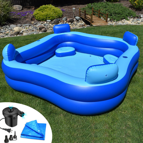 Inflatable Pool Bundle with Seats & Headrests - 8ft x 8ft - Electric Pump and Ground Tarp Included