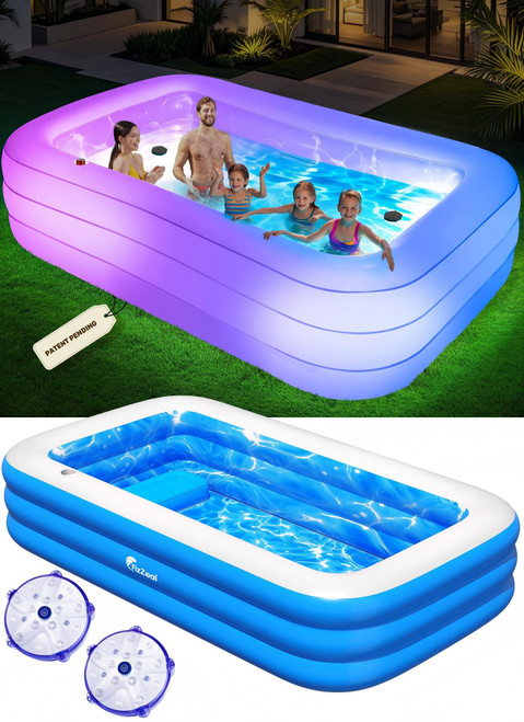 Inflatable Pool with Pool Lights and Seat, Durable Thickened Large Size Family Inflatable Pools for Adults Blow Up Pools,110" x 63" x 20"
