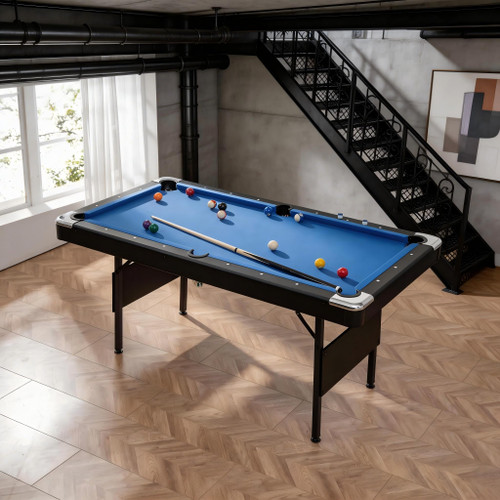 KEIKI 5.3FT Foldable Pool Table for Small Spaces, Portable Billiards Table with Cue Sticks & Balls, Indoor Game Table for Home, Blue & Black