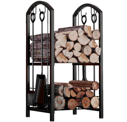 Fireplace Firewood Log Rack 5-Piece Storage Logs Holder with Tools Set with 4 Tools Set Fireside