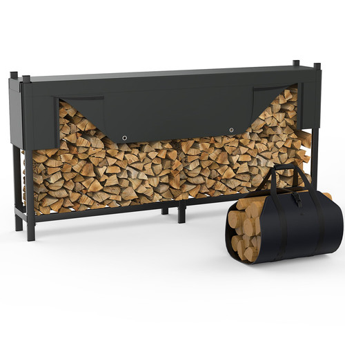 Heavy-Duty 8 ft Firewood Rack with Waterproof Cover & Firewood Carry Bag, Outdoor Indoor Wood Log Holder for Fireplace