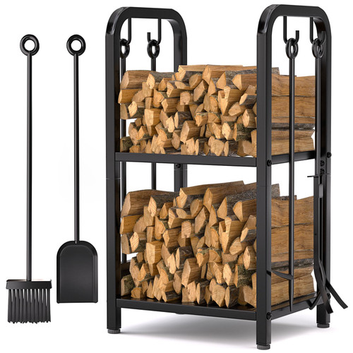 HONEST OUTFITTERS Firewood Rack Indoor, 2-Tier Firewood Rack Outdoor with 4 Pieces Fireplace Tools Set