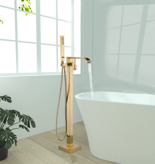 Bathtub Faucet Brushed Gold Floor Mount Waterfall Tub Filler High Flow
