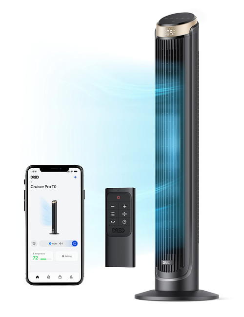 DREO 40'' WiFi Tower Fan, 26ft/s High-Speed Cooling, Quiet Floor Fan with Remote, 90° Oscillating Fan, 4 Modes, 12H Timer, Touch Control, Standing Cooling Fan for Bedroom, Home, Office Room, Gold