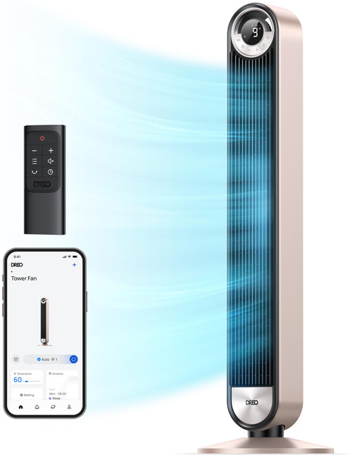 DREO Tower Fan for Bedroom, 90° Oscillating Standing Fan with 28ft/s Velocity, 20dB Quiet for Sleep, DC Motor, 9 Speeds, 4 Modes, 12H Timer, Voice & APP & Remote Control, 42" Cruiser Pro T2 S