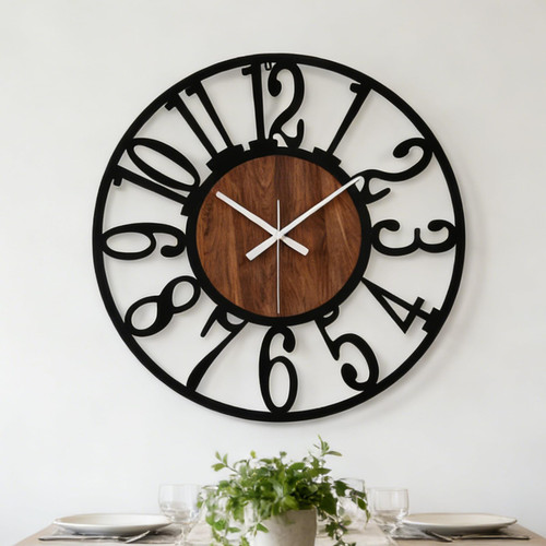 AMAATE 32 Inch Oversized Industrial Farmhouse Wall Clock, Wood & Matte Black Iron Frame, Artful Numerals Non Ticking Battery Operated, Decorative Statement Piece for Large Living Room Foyer Home Décor