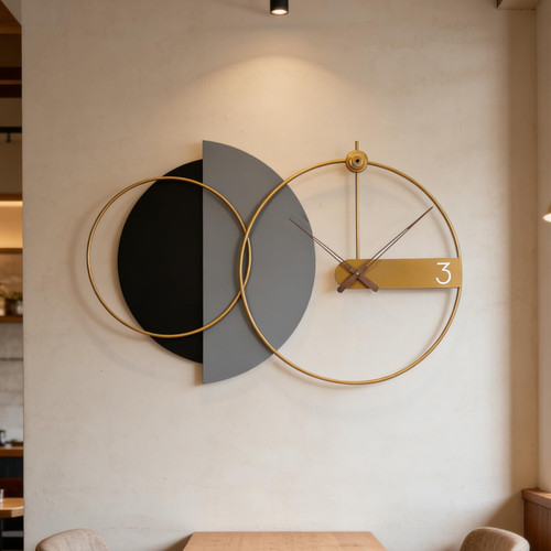 AMAATE Modern Wall Clock with Black and Gold Design, Large Round Metal Clock, Contemporary Minimalist Decor for Living Room, Office (Black, Gray, and Gold, 27.5" X 43.3" in)