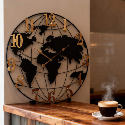 AMAATE World Map Wall Clock, Black and Gold Vintage Luxury with Metal Frame, Retro Geographic Art for Living Room, Study, Travel Theme Decor, 24 Inch