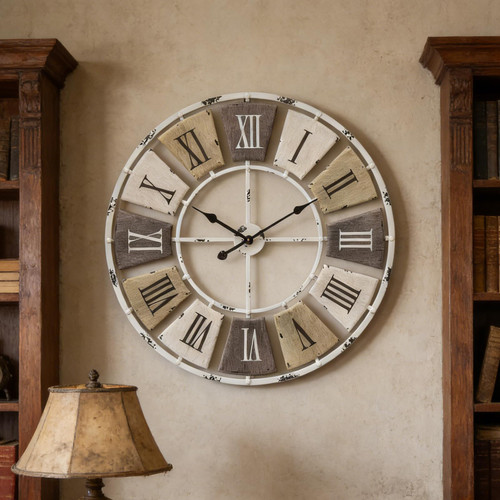 AMAATE Distressed Metal Wall Clock 32 Inch, Industrial Vintage Roman Numerals, Weathered Iron Frame Farmhouse Office Cafe Decor