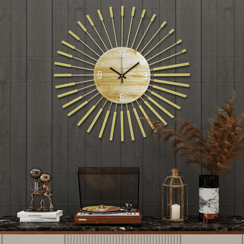 Anmotpe 23.6 inch Gold Starburst Wall Clock, Metal & Wood Mid Century Modern Decorative Clocks for Living Room Bedroom Kitchen Office