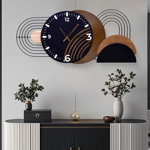 39.3X17.7 inch Extra Large Wall Clock, Modern Luxury Wood and Metal Decorative Clocks for Living Room, Silent Non-Ticking Big Hanging Clock, Battery Operated Wall Decor Gift Idea