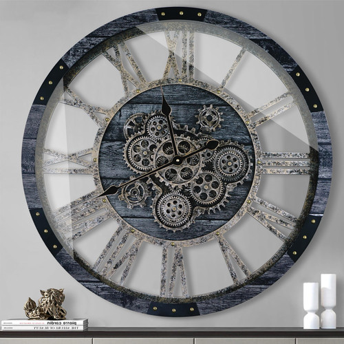 TOPPTIK 27 Inch Moving Gear Wall Clock, Oversized Wall Clocks, Clock Living Room Decor, Solid Wood Frame, Battery Operated, Large Wall Clock with Steampunk Industrial for Fireplace(Gray)
