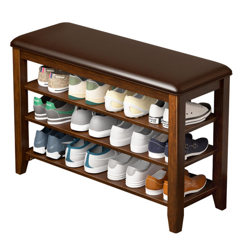 Entryway Shoe Storage Bench with Leather Cushion, Shoe Organizer Bench for Entryway, Ideal for Hallways Front Doors Entrances Mudrooms Featuring Rubberwood And 3 Height-Adjustable and Removable Shelve