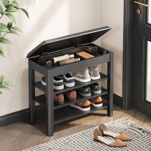 IUNVR Shoe Rack Bench Seat Rubberwood 3-Tier Wooden Storage Bench 550lbs Compact Mid-Century Modern Design for Entryway, Hallway, Closet, Front Door Entrance, Foyer
