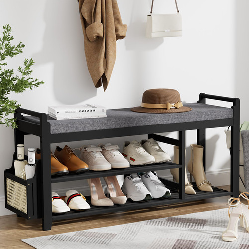 Homaxy 2-Tier Shoe Rack Bench with Side Holder, 39.4 in Bamboo Entryway Bench, Shoe Rack Organizer with Cushion for Front Entrance, Hallway Living Room Bedroom, Black and Dark Grey