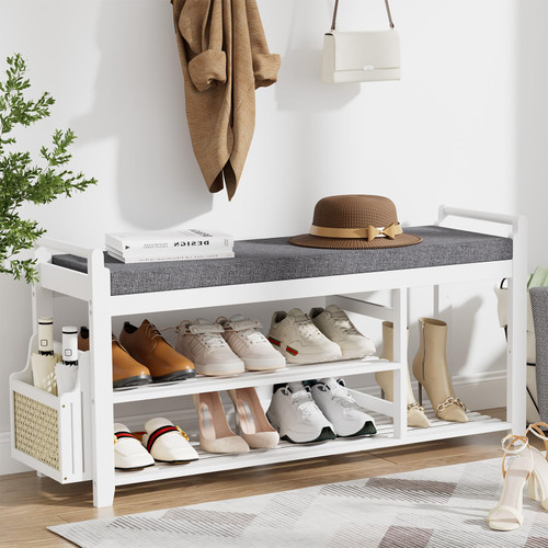 Homaxy 2-Tier Shoe Rack Bench with Side Holder, 39.4 in Bamboo Entryway Bench, Shoe Rack Organizer with Cushion for Front Entrance, Hallway Living Room Bedroom, White and Dark Grey