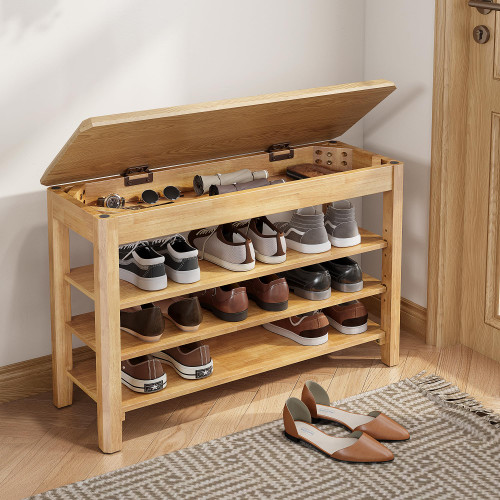 IUNVR Shoe Rack Bench Seat Rubberwood 3-Tier Wooden Storage Bench 550lbs Compact Mid-Century Modern Design for Entryway, Hallway, Closet, Front Door Entrance, Foyer