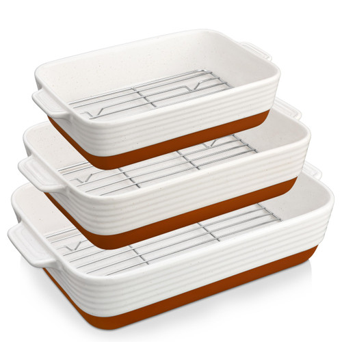 MALACASA Casserole Dishes for Oven with Roasting Racks, Ceramic Baking Dishes Set of 3, Baking Pan Casserole Dish Set