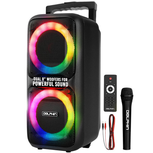 Party Speaker Dolphin Bluetooth SP-2080RBT - Dual 8” Woofers, Wireless Mic, Deep Bass & LED Lights with USB/SD, Rechargeable Battery – Huge Bluetooth Party Speaker for Indoor & Outdoor Use - Black