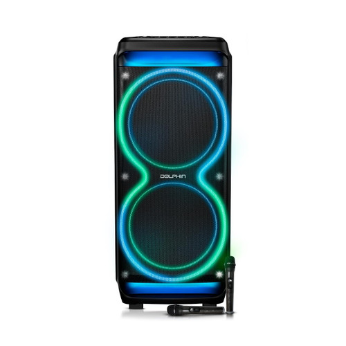 Dolphin SP-5200RBT Dual 12” Rechargeable Party Speaker with LED Lights, WaveSync (TWS), 100W RMS, Bluetooth, USB, FM, AUX, 6-Band EQ, Mic in, 2 Wireless Mics, Mic Priority, Trolley Design