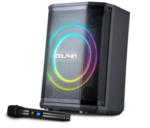 Dolphin Rechargeable Portable Bluetooth Party Speakers, 3D LED Ring Light, TWS, Wireless Microphone, and Multiple Playback Options, Easy-to-Carry, On-The-go, PA System, Karaoke-Ready