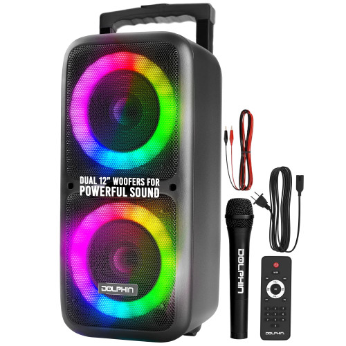 Dolphin Dual 12" Bluetooth Party Speaker - Portable Large Speaker with Wired Microphone, Multicolor LED Lights, USB Playback, Hi-Fi Amplifier, Powerful Bass, 5-Band Equalizer, Long-Lasting Battery
