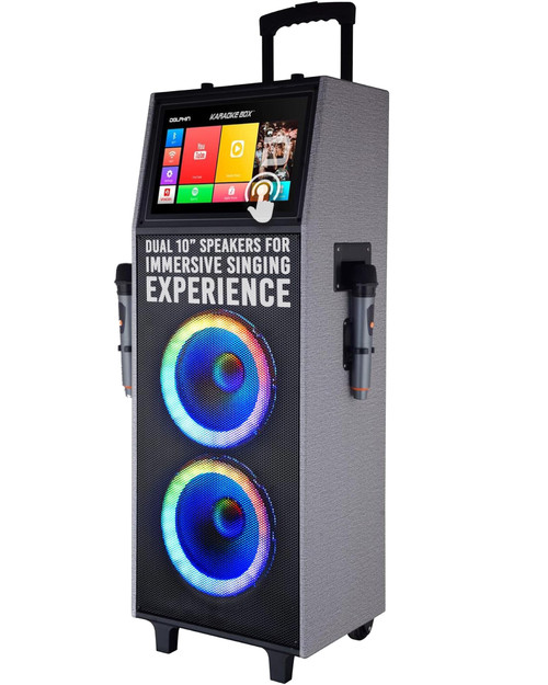 Dolphin KB-2100R Dual 10" Rechargeable Karaoke Speaker with Touchscreen Tablet - HDMI, Voice Modulation, Android & iOS Mirroring Includes 2 Wireless Microphones