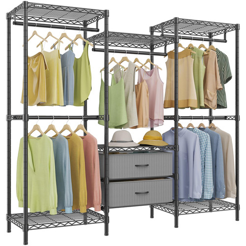 Metal Clothing Rack with 6 Shelves, 5 Hanging Rods & 2 Fabric Drawers, Freestanding Garment Rack for Bedroom & Walk-in Closet