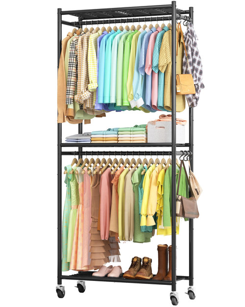 Clothes Rack - 33.0" x 12.2" x 79.5" Clothing Rack with Shelves & Wheels, Multi-Functional Wardrobe Closet with Hooks
