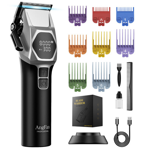 ANGFAN Professional Cordless Hair Clippers for Men - 8000RPM 5-Speed Motor with 440C Black Oxide Blades, Barber Clippers Kit with Charging Dock & 8 Guards,Salon Grade Hair Cutting Set for Barbers