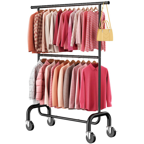 Hanging Clothes with Lockable Wheels, Double Rod Garment Rack for Bedroom, Laundry, Clothing Store, Black