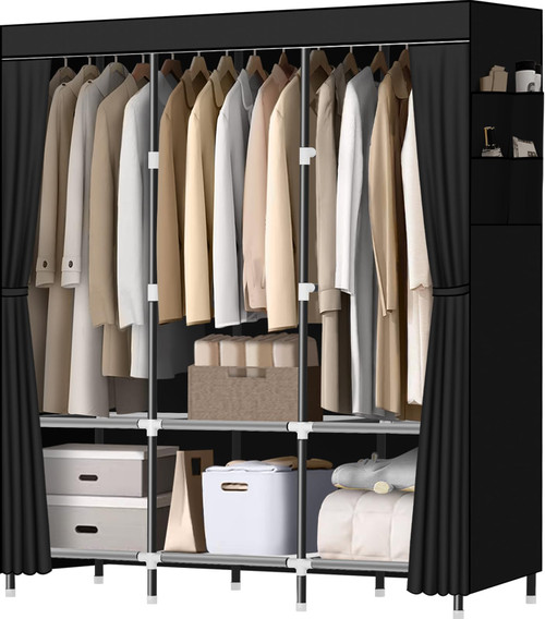 Portable Closets for Hanging Clothes with 3 Hanging rods, 6 Storage Shelves and Side Pockets