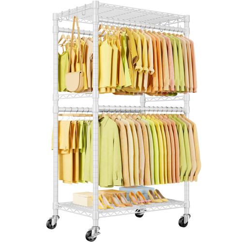 Freestanding Garment Racks with Wheels, Metal Portable Closet Rack 35.5''W × 20.5''D × 80.5''H, Max Load 560Lbs, White