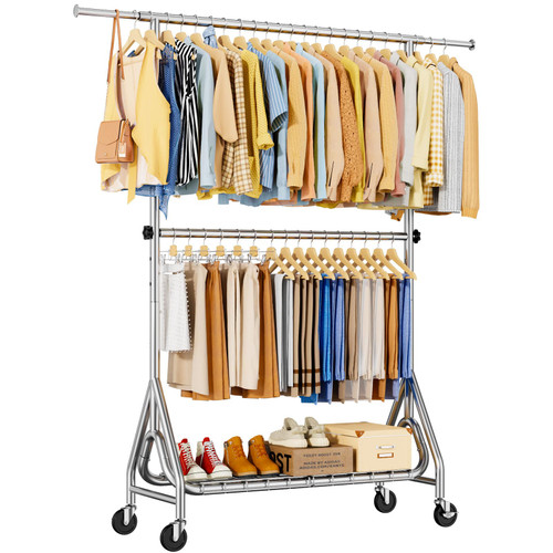 Heavy Duty Clothes Rack for Hanging Clothes, Double Rods Clothing Rack with Lockable Wheels