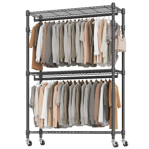 Rolling Clothes Racks for Hanging Storage, Simple Sturdy Metal Wardrobe Closet with Double Rods, 8 Side Hangers, 3 Shelves, Black