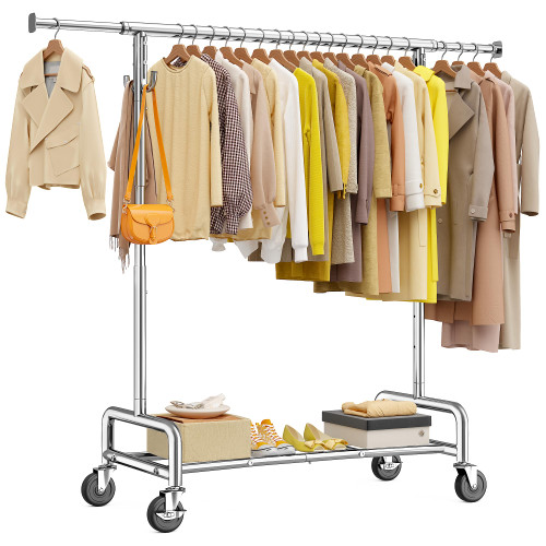 Raybee Heavy Duty Clothes Rack 75" Extra Wide, 450 LBS Clothing Rack with 4 Hooks, Lockable Wheels