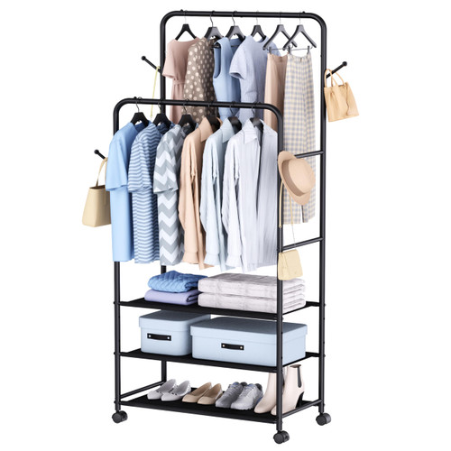 Heavy Duty Garment Rack with 3 Shelves, Portable Clothes Organizer for Bedroom, Laundry, Living Room, Black