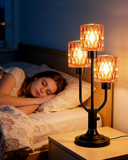 3-Light Black Desk Lamp with Rose Red Glass Shade& Bulb Included 3000K Warmwhite Nightstand Lamp for Bedroom