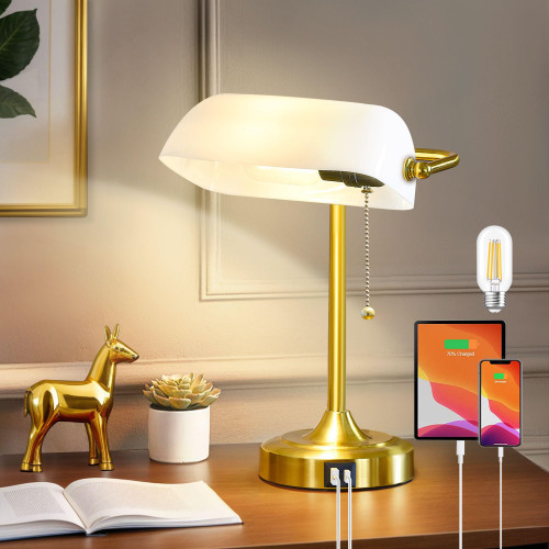 Vintage Desk Lamp Bankers Lamp - Plastic Lampshade Retro Table Lamp with USB & Type C Charging Ports Traditional Library Lamp for Home Office