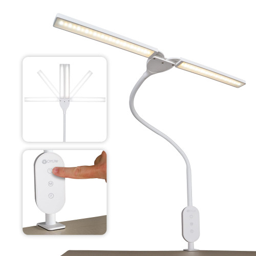 OttLite Pivot LED Clamp Desk Lamp - Dual Lamp Shades & Flexible Neck with ClearSun LED Technology - 3 Color Temperature Modes