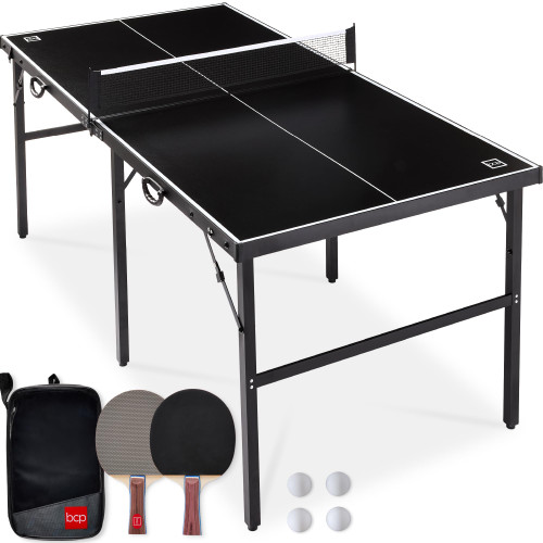 Best Choice Products 6x3ft Portable Ping Pong Table, Mid-Size Folding Indoor Outdoor Table Tennis w/ 2 Paddles, 4 Balls Included, Carrying Bag - Black