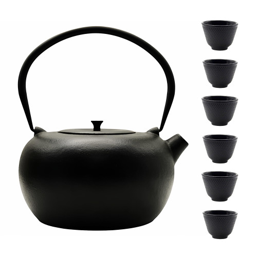 67.6oz Large Cast Iron Teapot and Cups Set, Black Enameled Tea Kettle for Stovetop