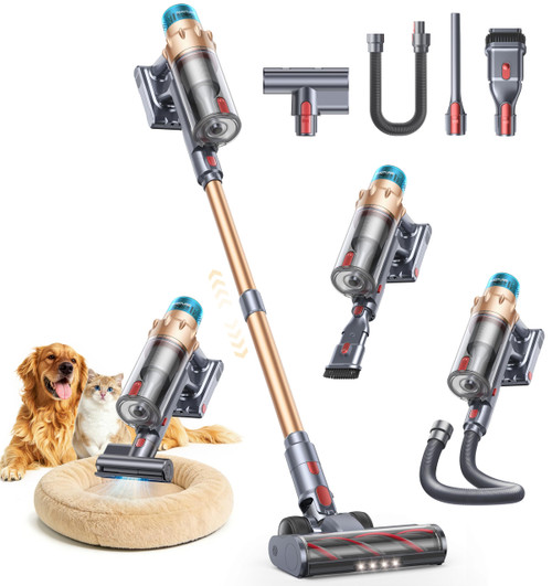 Cordless Vacuum Cleaner, 55KPA 650W 70Mins Stick Vacuum Cleaners for Home with Motorized Bed Brush, Flexible Hose