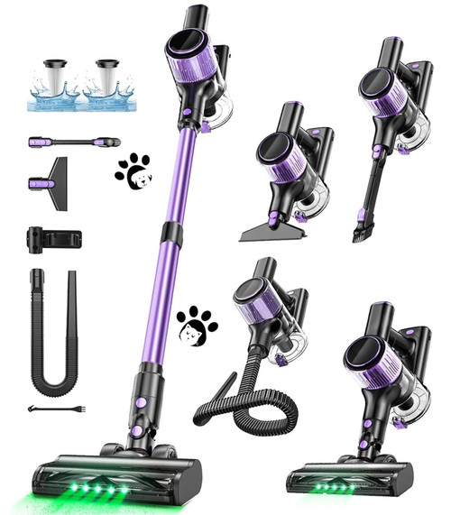 Cordless Vacuum Cleaner, 10 in 1 Stick Vacuum with Powerful Suction, Hose, Green LED Light, Anti-Tangle Brush