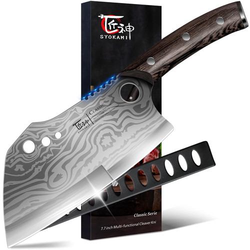 Meat Cleaver Chef Knife with Sheath, 7.7 Inch Butcher Knife with Herb Stripper