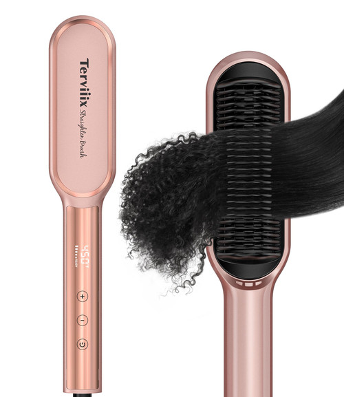 Hair Straightener Brush Rose Gold - Ionic Anti-Frizz Hair