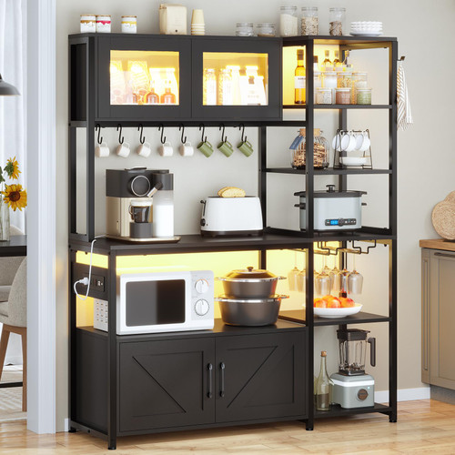 45.3 Inch Farmhouse Coffee Bar Cabinet, Kitchen Microwave Stand with Storage, Glass Cabinet